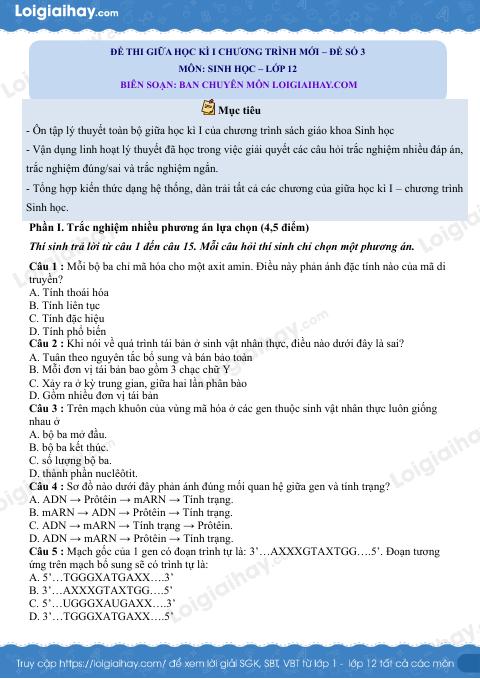 Đề thi giữa kì 1 Sinh 12 Chân trời sáng tạo - Đề số 3